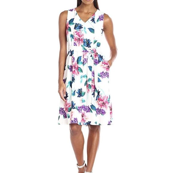 Ellen Tracy Seamed V-Neck Floral Print Dress (F15) - Picture 1 of 8